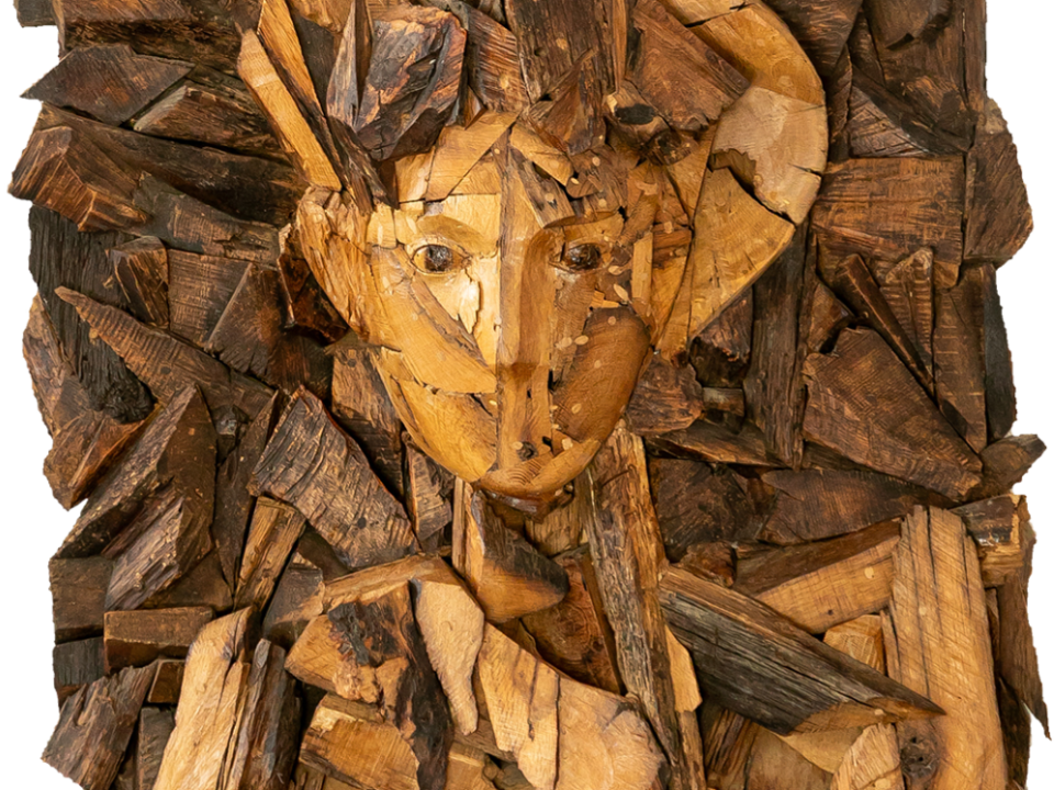 Talla en madera. Fragmentos. Arlequín. Roble. 100x70x20cm. Gubiarte.