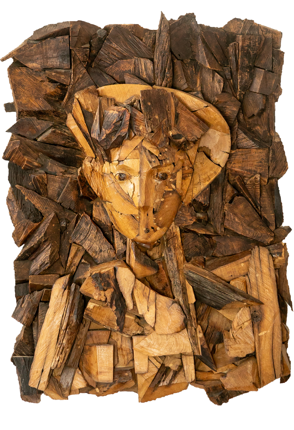 Talla en madera. Fragmentos. Arlequín. Roble. 100x70x20cm. Gubiarte.