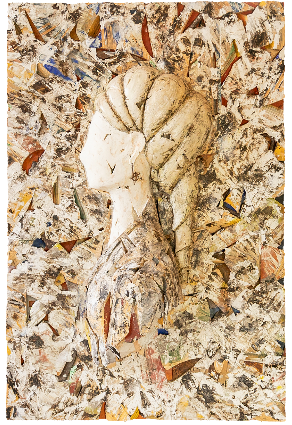 Talla en madera. Brisa I. Serie retratos. Madera policromada. 81x122x25cm. Gubiarte