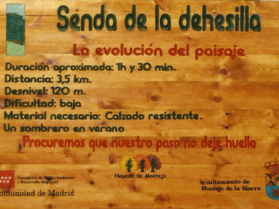 Talla en madera. Cartelería en madera. Cartel Senda de la dehesa. Gubiarte
