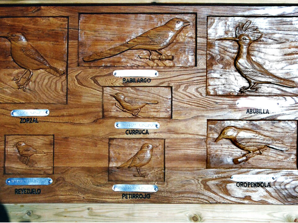 Talla en madera. Cartelería en madera. Panel pájaros. Gubiarte