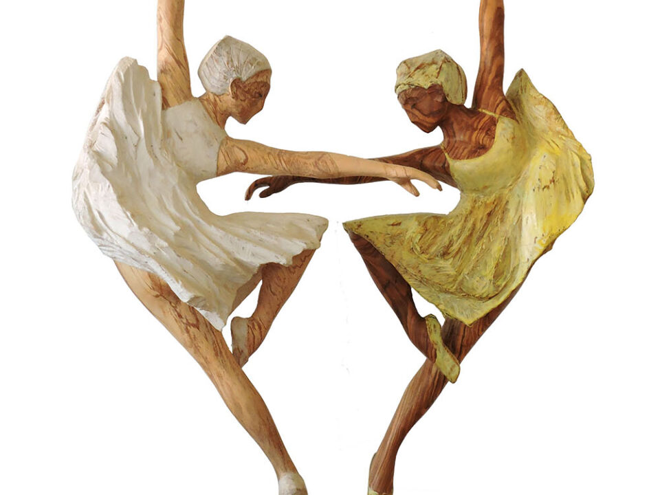 Talla en madera. Serie Movimiento. Amarillo y blanco. Gubiarte