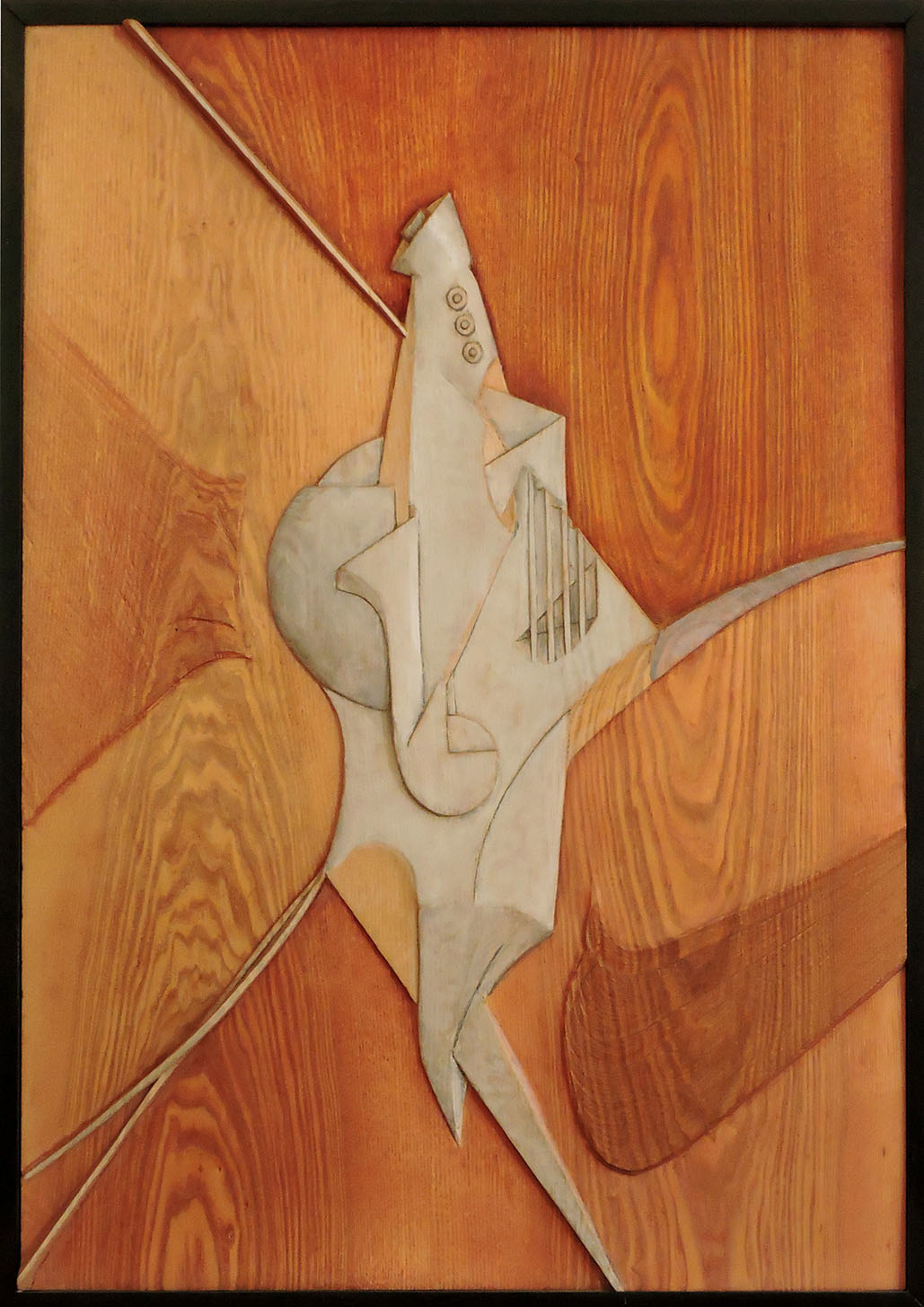 Talla en madera. Instrumento imposible I. Madera policromada.57,5x77 cm. Gubiarte